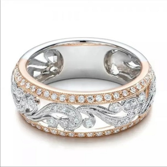 Two Tone Silver & Rose Gold Filigree Wedding Band - Picture 3 of 4